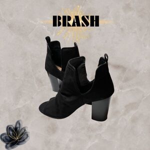 BRASH OPEN SIDES ANKLE BOOTIE w/Chunky Block HEEL, Black VEGAN SUEDE Sz. 6